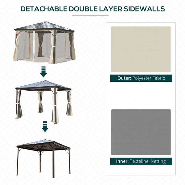 10 x 10 ft Hardtop Gazebo, Heavy Duty Shelter, Sun Shade with Curtain, Beige and Coffee 