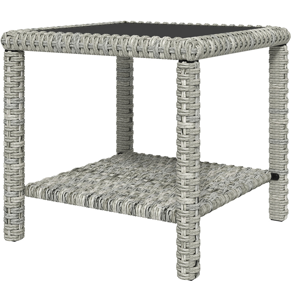 48cm Outdoor Wicker Coffee Table with Glass Top and Storage Shelf for Garden, Porch, Balcony, Patio, Dark Grey