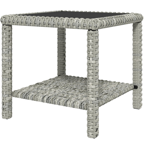 48cm Outdoor Wicker Coffee Table with Glass Top and Storage Shelf for Garden, Porch, Balcony, Patio, Dark Grey