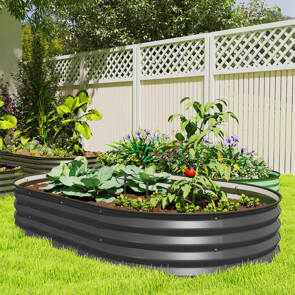 Raised outdoor planter in galvanized steel with metal support, dark grey