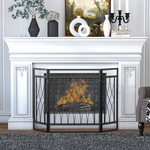 Decorative 3-panel black metal fire screen