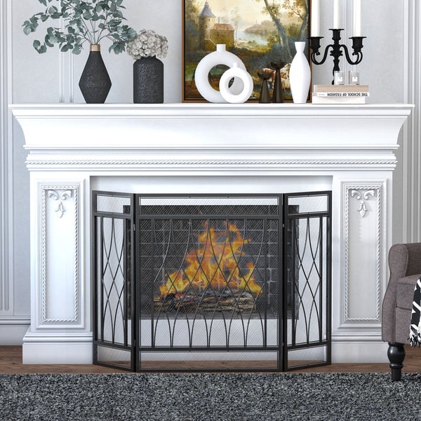 Decorative 3-panel black metal fire screen