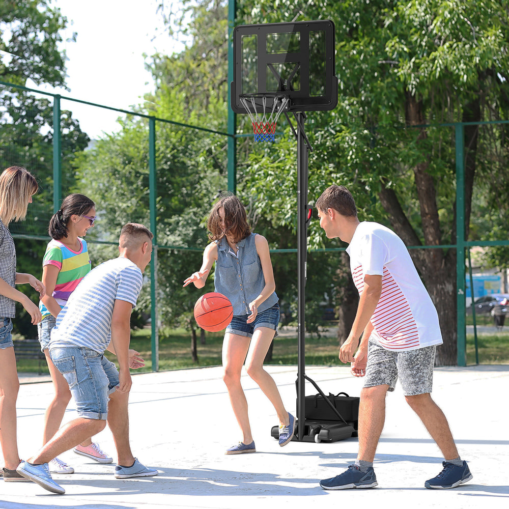 Portable basketball hoop with free weights, wheels and fillable base