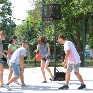 Portable basketball hoop with free weights, wheels and fillable base