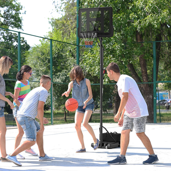 Portable basketball hoop with free weights, wheels and fillable base