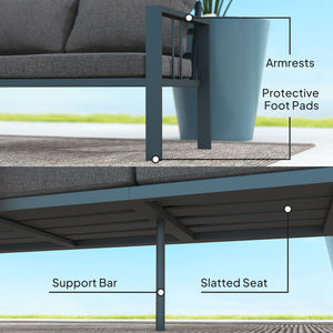 3-seater aluminum outdoor sofa with cushions, wide seat and armrests, dark gray