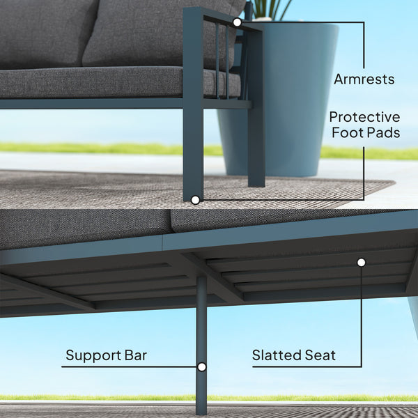 3-seater aluminum outdoor sofa with cushions, wide seat and armrests, dark gray