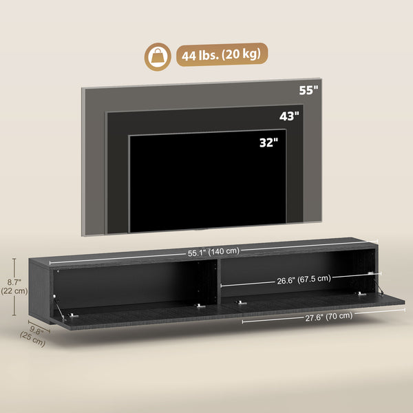 Floating wall-mounted TV unit for TVs up to 72 inches with 2 fluted drop-down doors, black