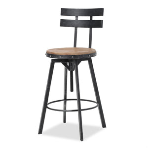 Adjustable metal bar stool with wooden seat, 360° swivel, antique black