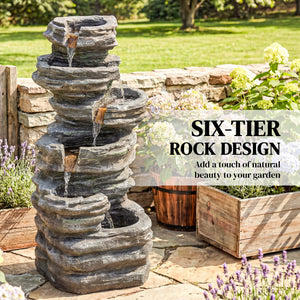 6-Tier Outdoor Fountain with LED Lighting, Resin with Pump, Grey