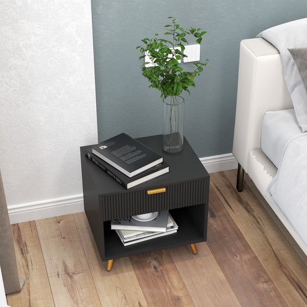 Bedside table with fluted panel, drawer and open compartment, black 