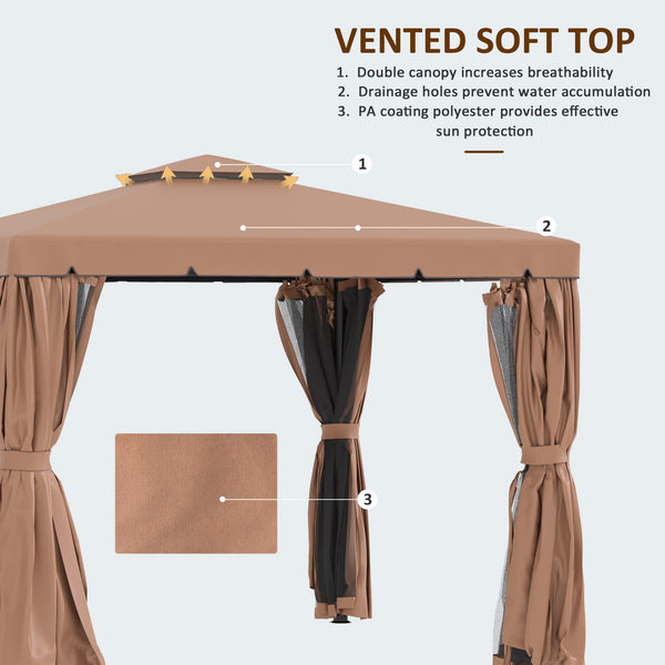 10' x 10' Outdoor Gazebo with Double Soft Top and Curtains and Mosquito Netting, Brown
