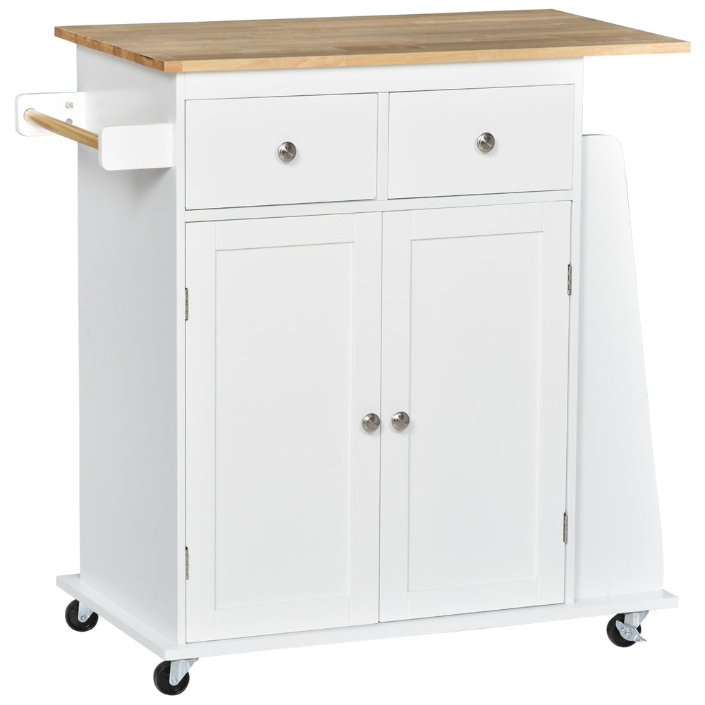 Rolling Kitchen Cart with Rubber Wood Top, 3-Tier Spice Rack and Towel Rack, White.