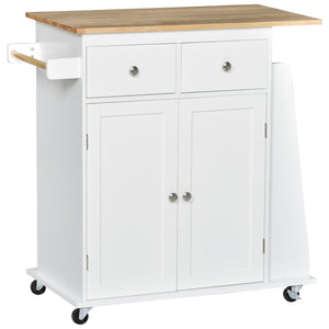 Rolling Kitchen Cart with Rubber Wood Top, 3-Tier Spice Rack and Towel Rack, White.