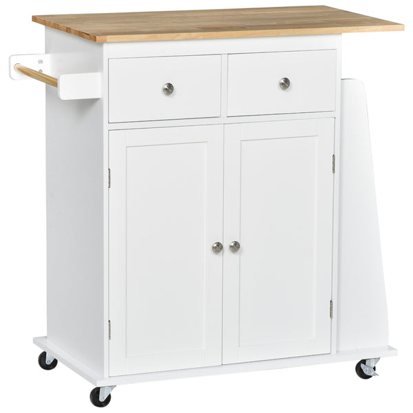 Rolling Kitchen Cart with Rubber Wood Top, 3-Tier Spice Rack and Towel Rack, White.