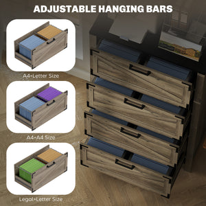 Country Style 4 Drawer Filing Cabinet with Adjustable Hanging Bars for Letter, A4, Legal Size, Grey