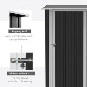 Metal garden shed with sloping roof and lockable door for tools, grey