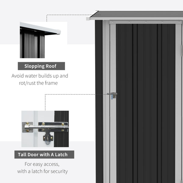 Metal garden shed with sloping roof and lockable door for tools, grey
