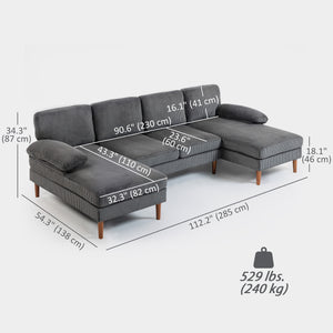 U-shaped corner sofa with double chaise longue, 4-seater with wooden legs, dark grey