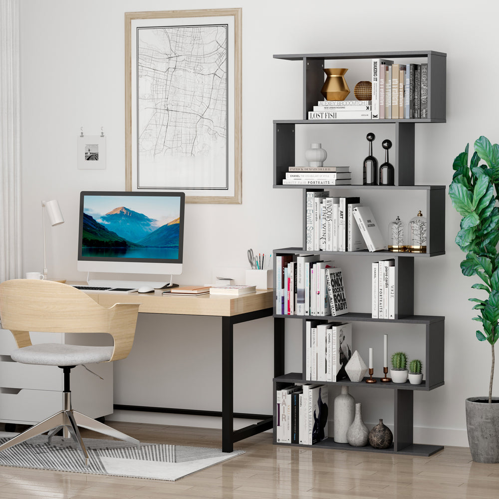 S-shaped wooden bookcase with 6 shelves, black