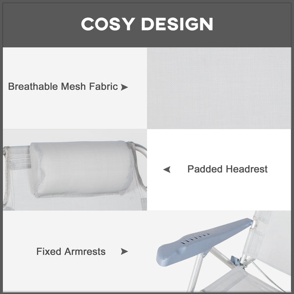 Set of 2 beach chairs, camping chairs with adjustable backrest and headrest, light gray