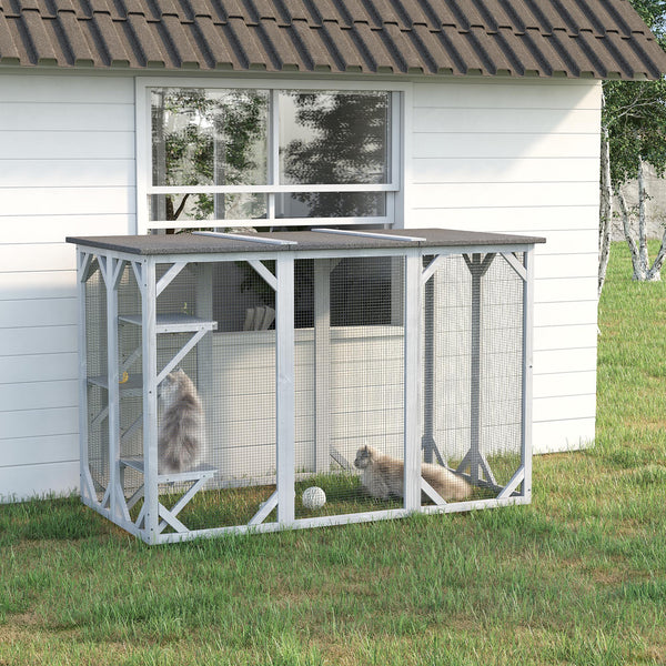Wooden Cat Cage with Waterproof Roof, Multi-Level Platforms, Lockable, Grey