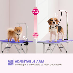 Foldable Pet Grooming Table for Dogs Cats with Adjustable Arm, Non-slip Surface, Purple