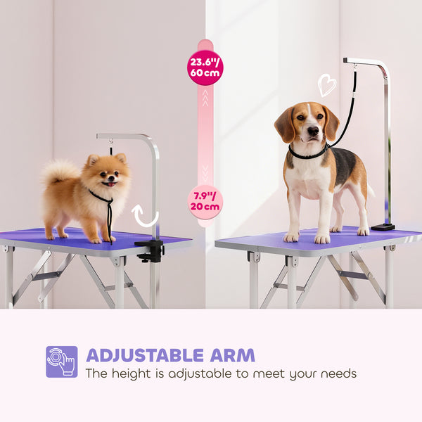 Foldable Pet Grooming Table for Dogs Cats with Adjustable Arm, Non-slip Surface, Purple