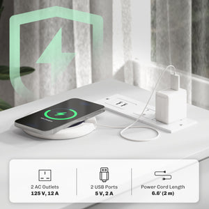 Narrow side table with charging station and USB ports, white