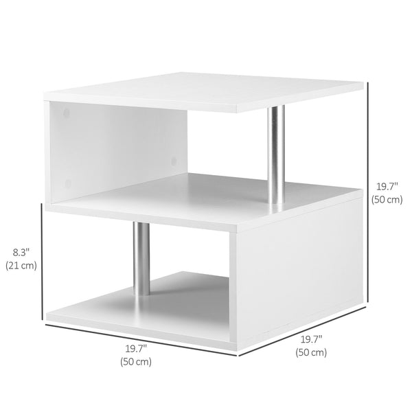 S-shaped wooden table with 3 storage shelves, white