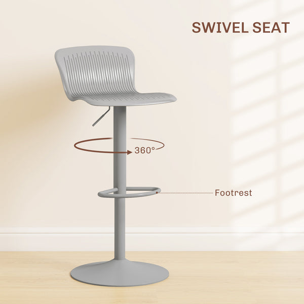 Set of 2 swivel bar stools in polypropylene, adjustable height, footrest and backrest, gray