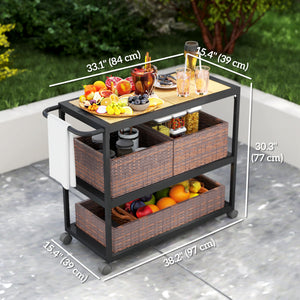 3-tier bar trolley with side handle and removable rattan basket