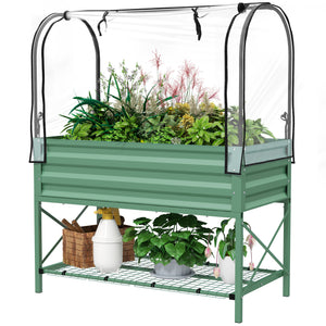 Raised planter with lid, bottom shelf and liner, green