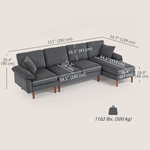 Corner sofa with modular chaise longue, cushions and wooden legs for living room, dark grey