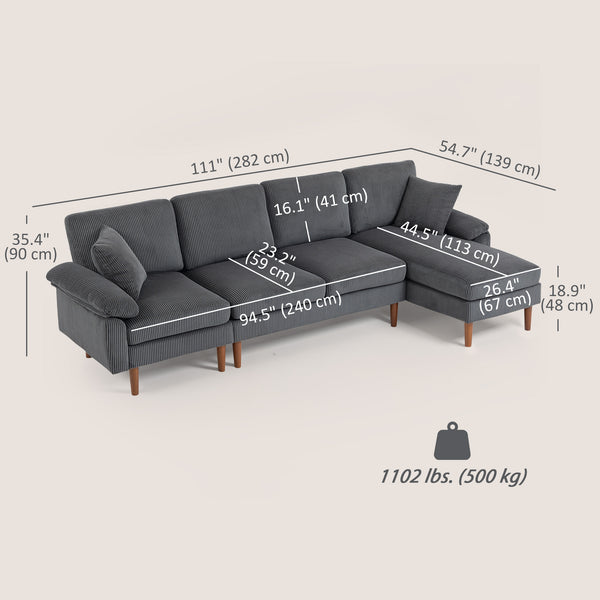 Corner sofa with modular chaise longue, cushions and wooden legs for living room, dark grey