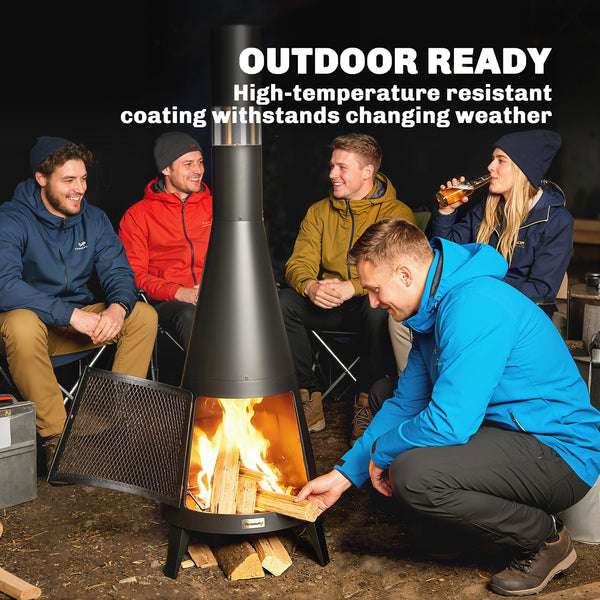 Outdoor wood-burning fire pit with chimney, poker, and spark screen, black
