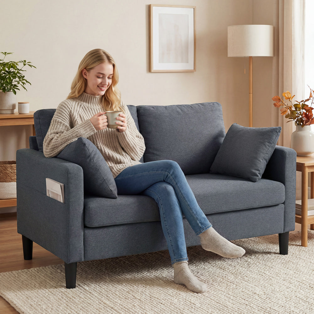 Two-seater sofa, modern linen upholstery, spring cushions, 2 pillows, dark grey