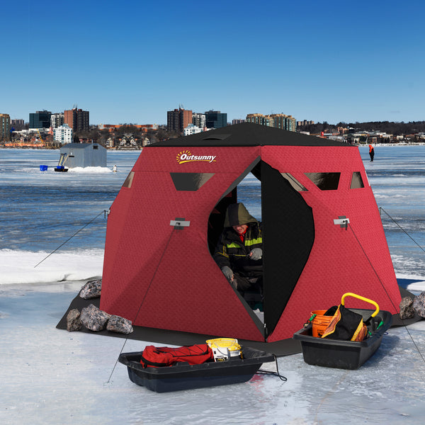 Insulated ice fishing shelter for 4 people, foldable with carry bag and two doors for temperatures down to -30°C, red