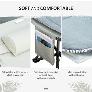 Folding camp bed with mattress and pillow, light grey
