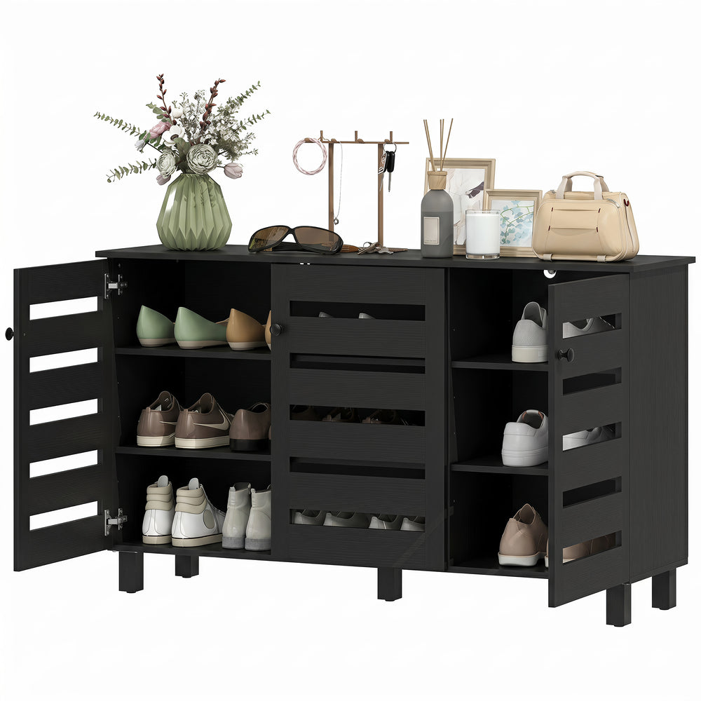 Black shoe cabinet with 2 cupboards and adjustable shelves for 15 pairs, black