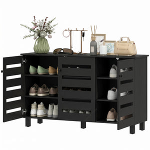 Black shoe cabinet with 2 cupboards and adjustable shelves for 15 pairs, black