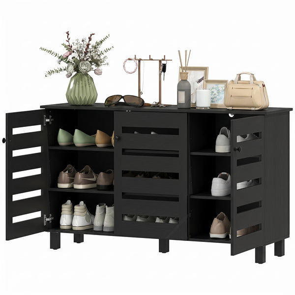 Black shoe cabinet with 2 cupboards and adjustable shelves for 15 pairs, black