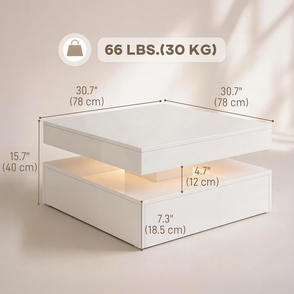 LED Coffee Table with 2-Tier Storage with Open Shelf and Remote Control for Living Room, High Gloss White