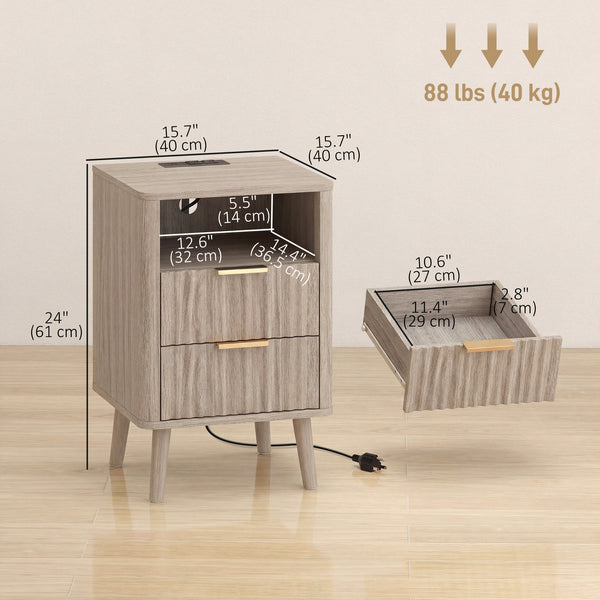 Ensemble de 2 tables de chevet modernes avec station de recharge, 2 tiroirs et une étagère ouverte, grises