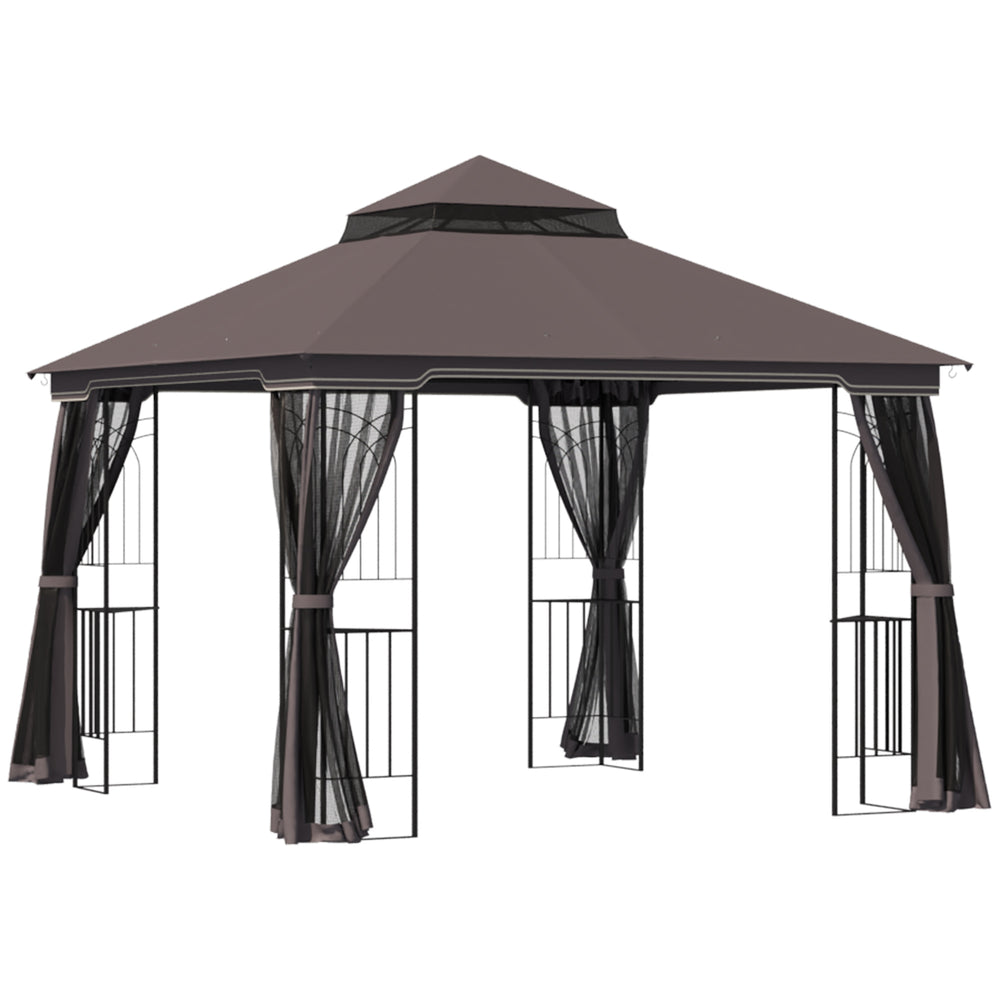 10 x 10 gazebo with double-pitched soft roof, mesh curtains, coffee color