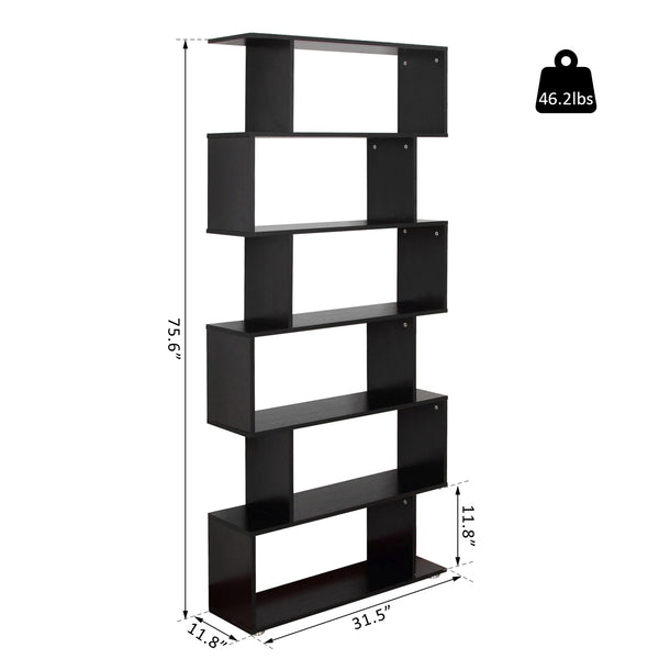 S-shaped wooden bookcase with 6 shelves, black