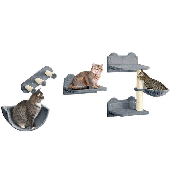 Wall-mounted cat shelves including a hammock and scratching post, grey
