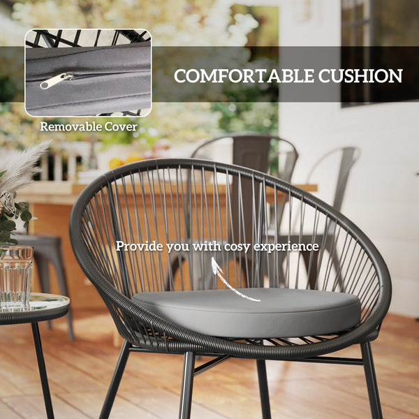 3 Piece Wicker Patio Furniture Set with Soft Cushions, Tempered Glass Top, Black