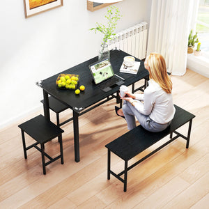 Dining Set for 4-6 People, with 2 Benches and 2 Stools, for Small Spaces, Black