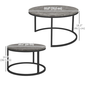 Set of 2 modern coffee tables with metal base, gray marble effect